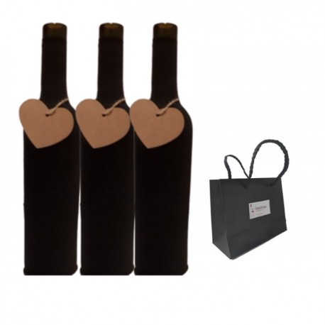 Pack 2 fundas negras para botellas de vino + etiquetas corazón